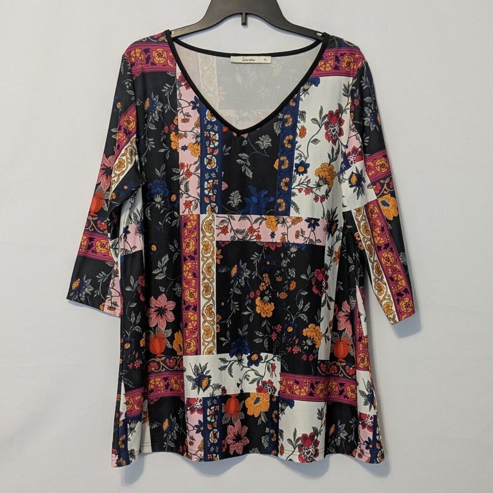 SAKURAFINA Multi-Color Floral Soft Stretch Knit 3/4 Sleeve Top; Size XL